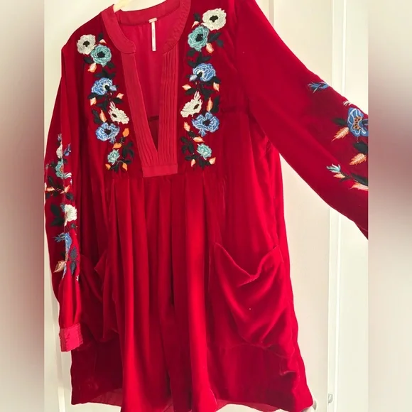 Free People MIA Red Velour Velvet Floral Embroidered Dress - Picture 2 of 7